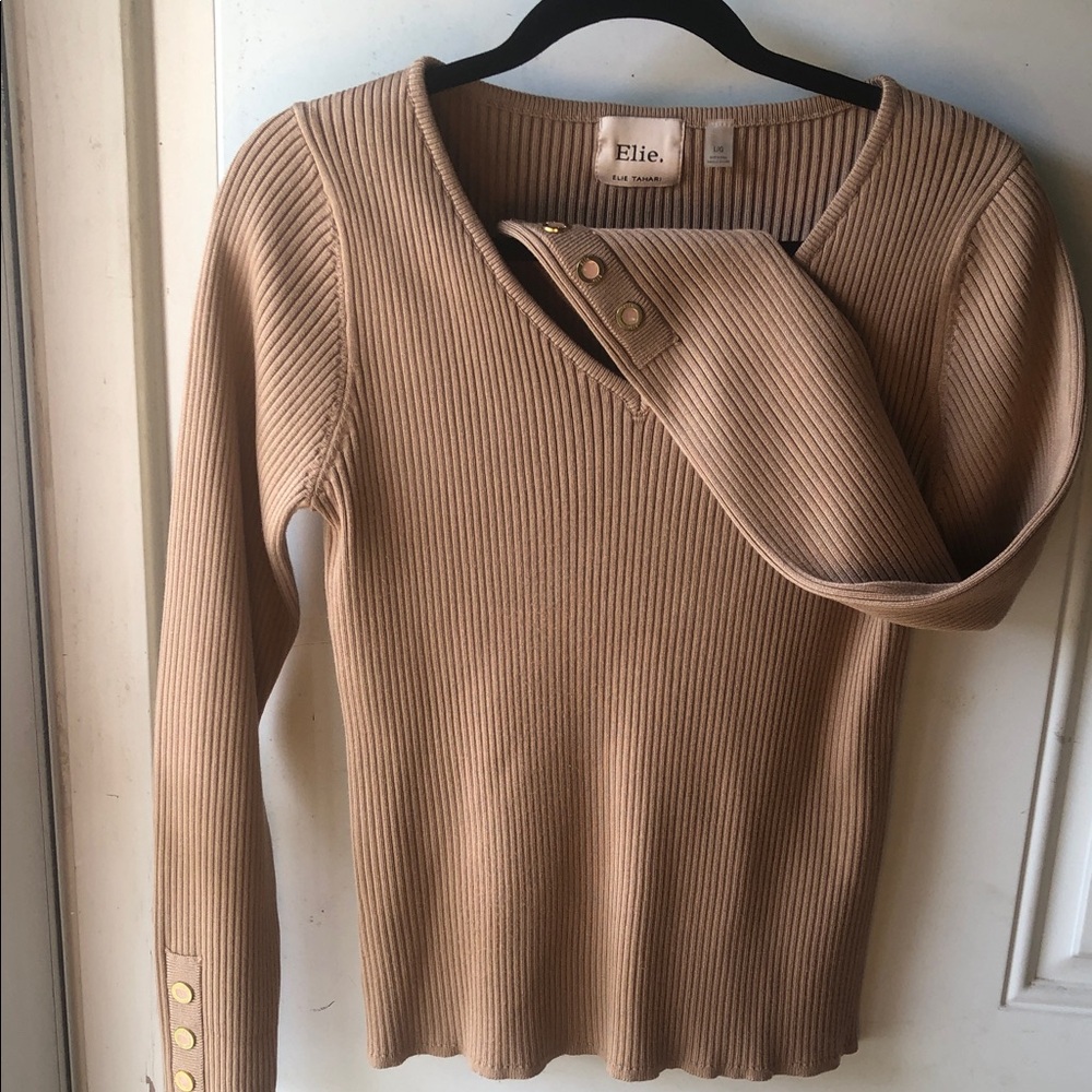 Elie Tahari Rib Knit Tan Sweater Long Sleeve Button Detail Size L